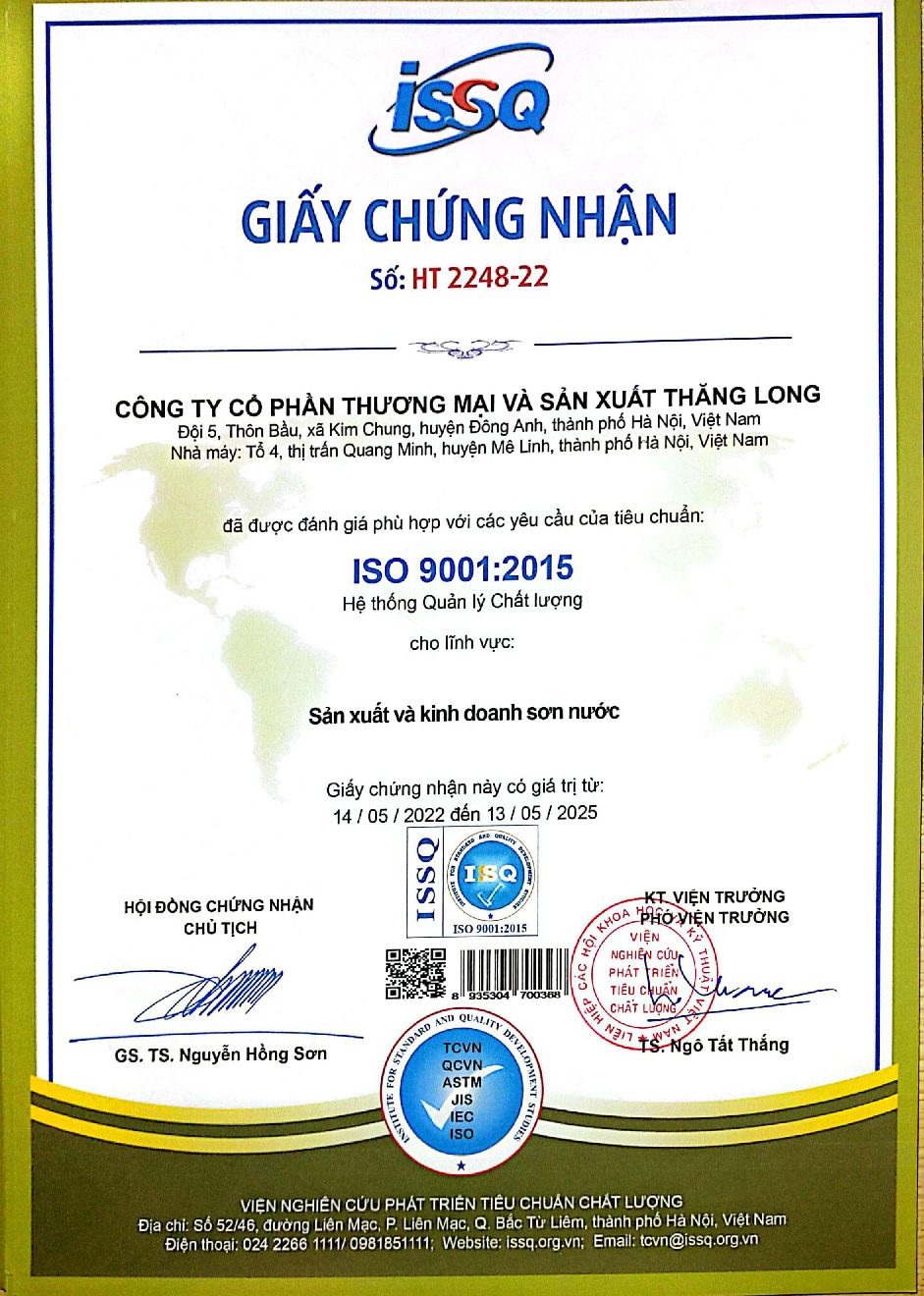 VỀ CHÚNG TÔI 9 Giấy chứng nhận isso sơn thăng long