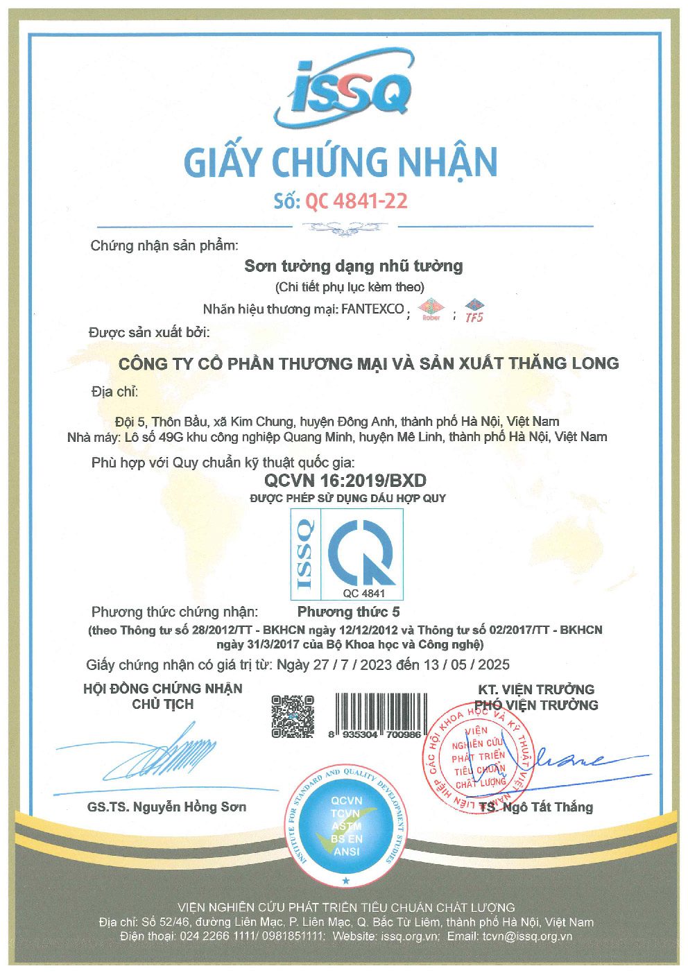 VỀ CHÚNG TÔI 10 Giấy chứng nhận chất lượng sản phẩm của Công ty Sơn Thăng Long