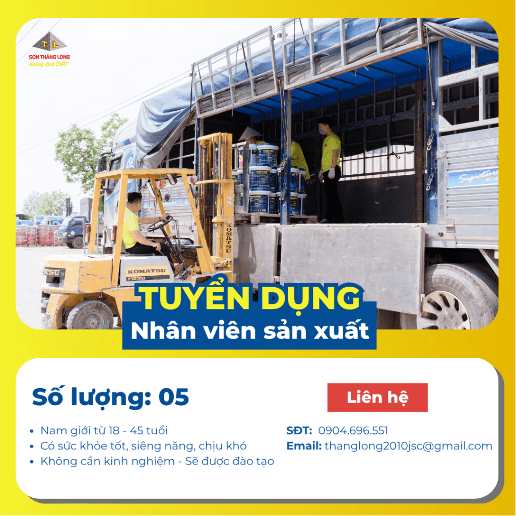 Sơn Thăng Long tuyển dụng NV sản xuất - Tháng 09/2025 1 Banner tuyển dụng Nhân viên Sản xuất, có hình ảnh hoạt động tại kho hàng/nhà máy